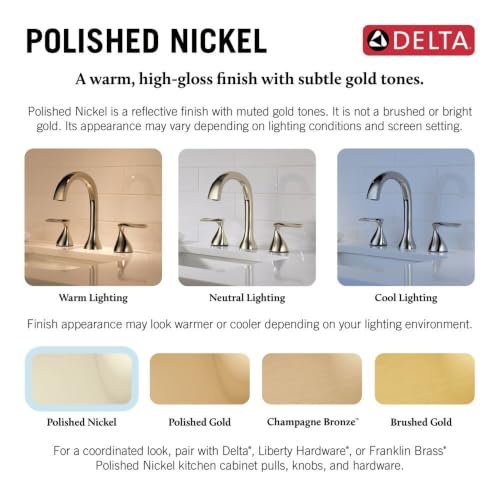 Image of Delta Bonacci Polished Nickel Bathroom Faucet 3 Hole, 8 Inch Widespread Bathroom Sink Faucet for Vanity, Metal Push-Pop Drain Assembly, Lumicoat Polished Nickel 3545-PN-PR-DST
