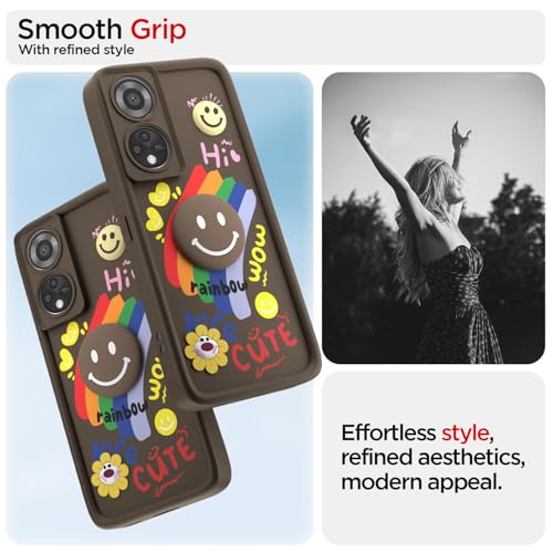 Image of Pikkme Back Cover for Oppo Reno 8T | Soft Silicone| Cute Rainbow Smile & 3D Cartoon Flower Design | Shockproof Raised Camera Protection Bumper Case (Brown)