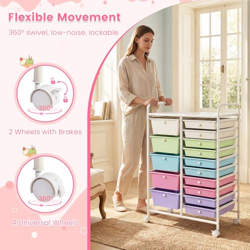 Image of LDAILY 15 Drawer Rolling Storage Cart, Rolling Cart with Drawers for Classroom, Art Supply Craft Organizer on Wheel with Metal Frame & Handles for Home Office School (Ice cream color, 15 Drawer)