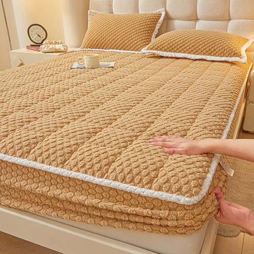 Daesar Conjunto Sabana Bajera con Elástica y 2 Fundas de Almohada,Patrón de Celosía con Color Sólido Franela Bajeras para Cama Caqui,120 x 200 CM