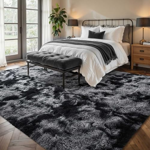 6x9 Black Grey Rugs for Living Room Fluffy Area Rug,Super Fuzzy Fur Bedroom Carpet for Boys Dorm Office Nursery Modern Home Decor