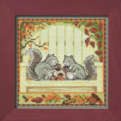 Image of Mill Hill Nutty Squirrels Beaded Counted Cross Stitch Kit 2024 Buttons & Beads Autumn MH142422, Multicolor, 5.25 x 5.25 Inches