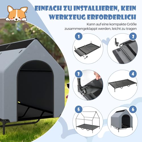 COSTWAY 2 in 1 Hundehütte & erhöhtes Hundebett, Hundeliege Outdoor, Haustierhaus mit atmungsaktivem Netzgewebe & Abnehmbarer Abdeckung, Hundehaus für große Hunde, Oxford, Grau (84 x 132 x 114 cm)