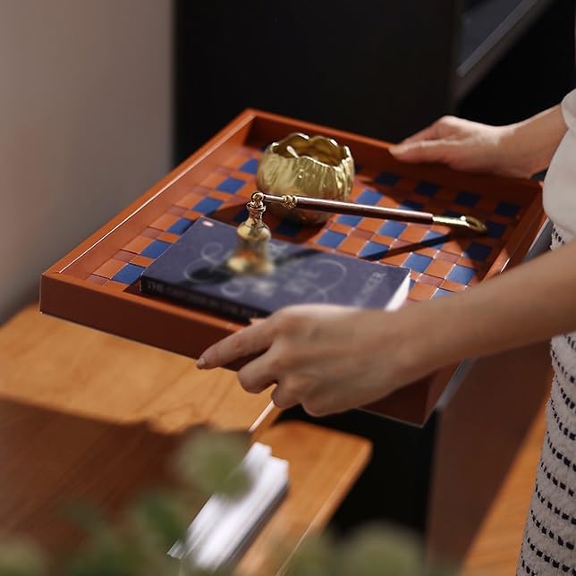 Bandejas Servir Comida Bandeja de Tablero ajedrez Tejida a Mano, Bandeja Almacenamiento Cuero for Sala Estar, aromaterapia for cosméticos Dormitorio Mesa Cama