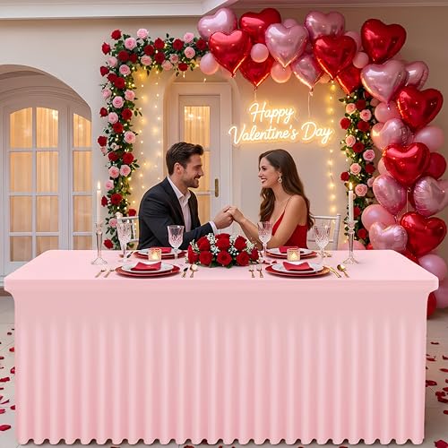Image of Smiry Spandex Elastic Fitted Table Cloth Skirt for 4FT Rectangle Table | Stretch Washable Table Cloth, Banquet Table Cover for Wedding, Party, Indoor & Trade Shows, (Pink, 48Lx24Wx30H)