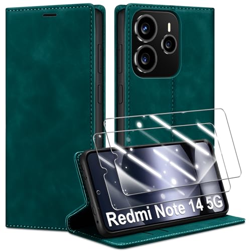 Guisessy Handyhülle für Xiaomi Redmi Note 14 5G Hülle Leder & 2 Schutzfolie, Premium Klappbar Flip Wallet Hülle mit Magnet Kartenfach Standfunktion Schutzhülle für Redmi Note 14 5G, Blaugrün