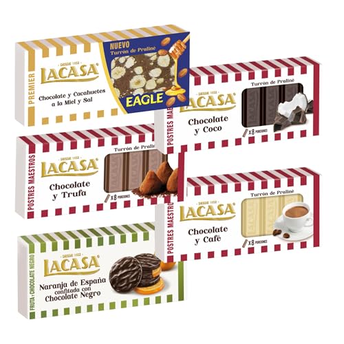 Pack Surtido 5 Turrones Lacasa:Naranja de España Confitada, Chocolate y Café, Chocolate y Coco, Cacao y Trufa,Cacahuete Eagle