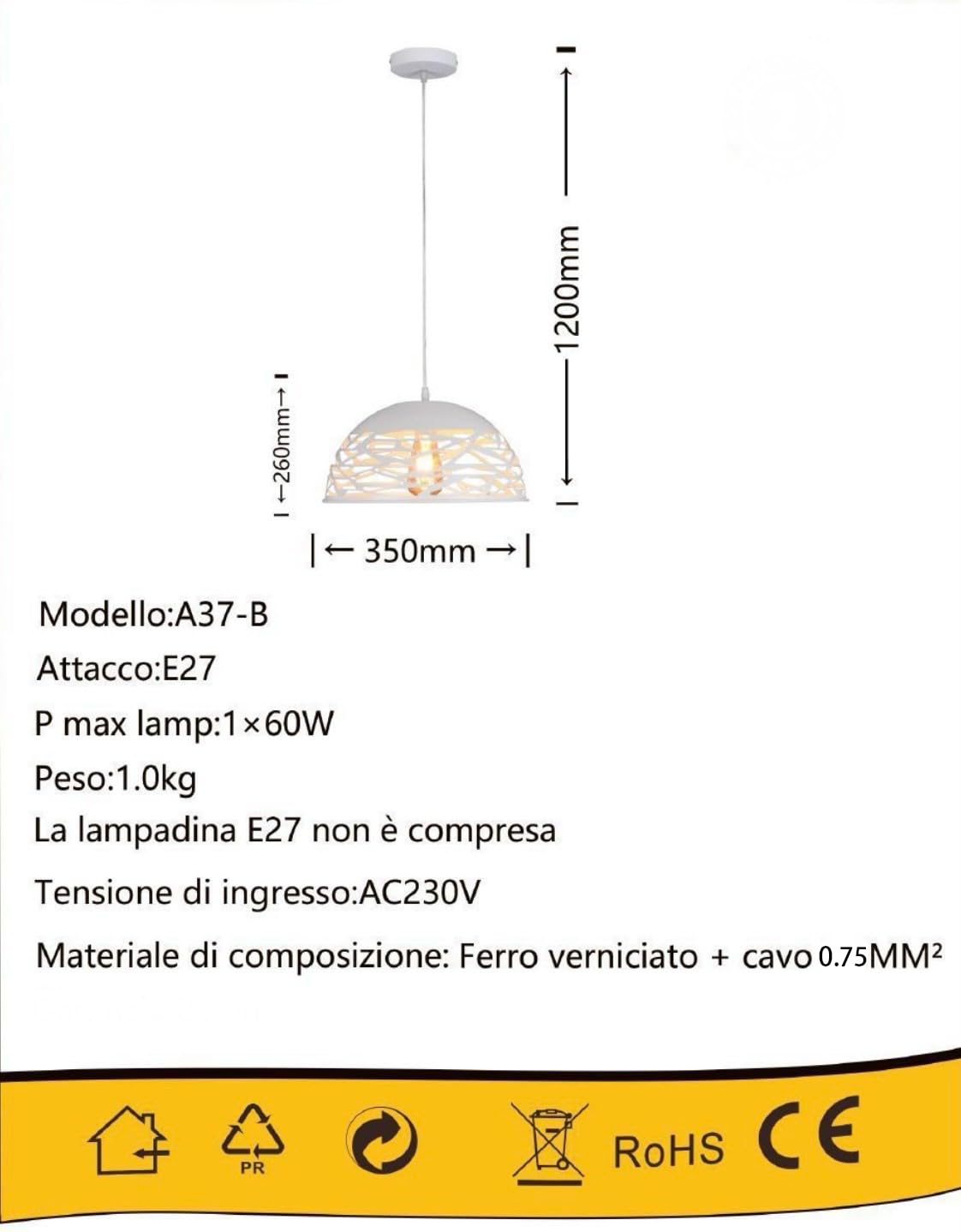 Lampada a sospensione a cupola in metallo industriale regolabile in altezza E27 Base Lampadario ritagliato per isola cucina, camera (BIANCO)