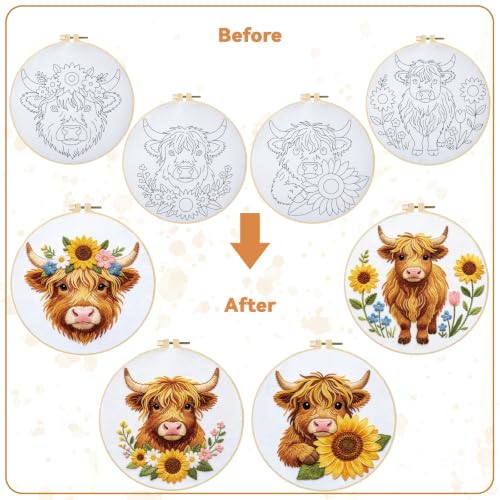 Image of BEUNITONE 4pcs Embroidery Kit, Highland Cow & Sunflowers Stamped Embroidery Kits with Hoop, Thread & Needles, Colorful Cross Stitch Kits Sewing Gifts for Adults and Beginners, DIY Craft for Relaxation