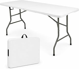 HAISIWLKJ Folding Table 6 FT Lightweight Camping Table White Portable Plastic Rectangular Outdoor Dining Table Steel Legs Fold-in-Half with Carrying Handle for Indoor,Picnic,Party,Wedding,Events