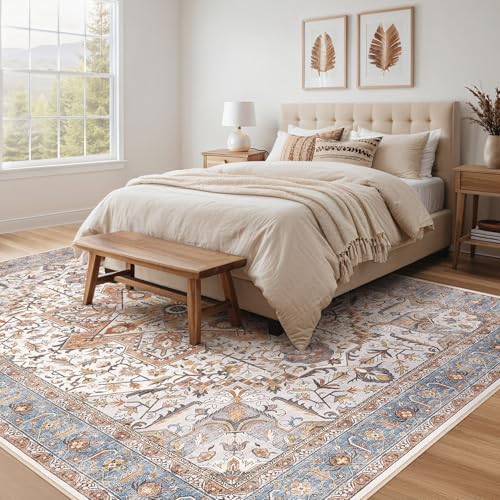 Tortania Area Rug Living Room Rugs - 9x12 Washable Boho Rug Vintage Oriental Distressed Farmhouse Large Thin Indoor Carpet for Living Room Bedroom Under Dining Table Home Office - Azure Orange