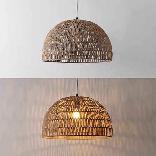 Image of JONATHAN Y 20 inch Brown Modern Bohemian Woven Rope LED Pendant Light Fixture, Adjustable Dome Ceiling Lamp for Kitchen Island, Rope Shade, Coastal Farmhouse Decor (JYL6504F)