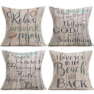 Hopyeer 4Pcs Vintage Wood Ocean Quote Words Throw Pillow Covers Decorative Beach Retro Rustic Farm Plank with Inspiration Saying Cotton Linen Pillowcase Home Cushion Cover 18″x18″ (WO-Quote)