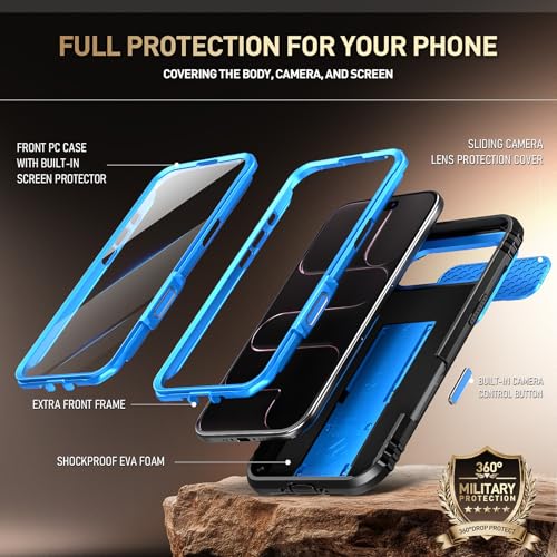 Image of Poetic for iPhone Air Case with Camera Control Capture Button, [Slide Camera Cover] [Built-in Stand] [Built-in Screen Protector] Full-Body Rugged Phone Case for iPhone 17 Air 6.5 inch, Light Blue