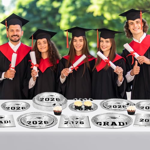 Image of QZYL 200Pcs Sliver Graduation Plates and Napkins, Graduation Party Supplies for 50 Guests, Disposable Grad Dessert Plates and Plastic Forks for Grad Party Decorations
