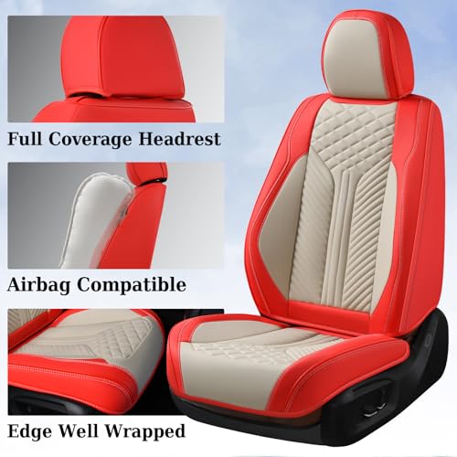 Image of Coverado Leather Car Seat Covers Full Set, 5 Seats Seat Covers for Cars, Waterproof Car Seat Cushions, Front and Rear Seat Protectors Universal Fit Most Vehicles (Red&Beige)