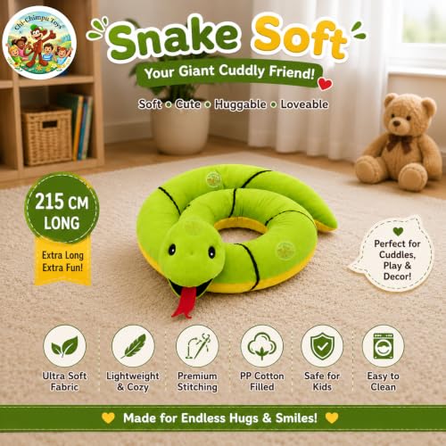Image of Giant Snake Soft Toy 215 CM Plush Stuffed Snake Toy | Ultra Soft Animal Plush | Long Cuddly Snake Pillow for Kids, Boys, Girls & Adults | Washable Decorative Plush Gift