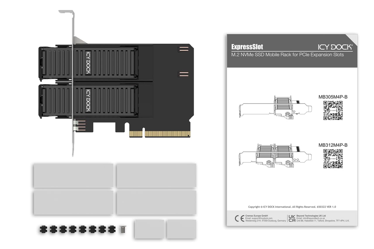 ICY DOCK 2-Bay M.2 NVMe SSD do PCIe 4.0 x8 wymienna ramka / karta adaptera do gniazda rozszerzeń PCIe (wymagana bifurkacja) - ExpressSlot Core MB312M4P-B