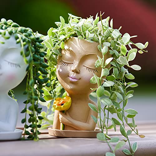 Glux Face Planters Pots Head Face Flower Pot Head Planter With Drainage Cute Lady Face Planter Pot For Indoor Outdoor Plants Design (Khaki) #TOP3