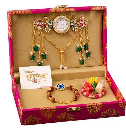 Image of Designer Set for Brother with Analog Wrist Watch, Matching, Rudraksha Evil Eye Rakhi, Roli Chawal & Gift Box | Raksha Bandhan Gift Hamper