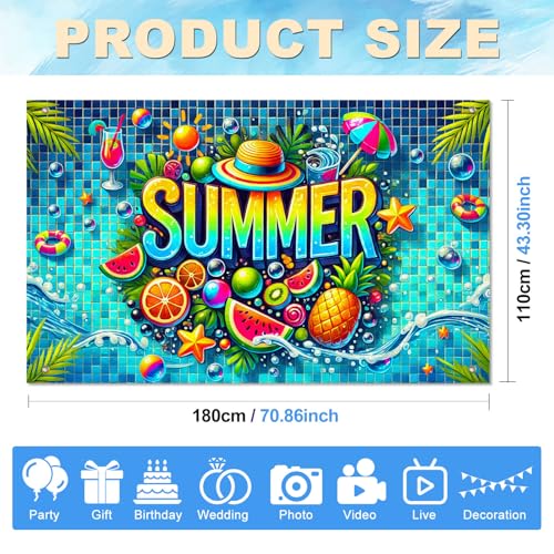 Image of BlissYard Summer Pool Banner 71 x 43 Inch Luau Party Decorations Hawaiian Backdrop Tropical Fruit Beach Party Decorations Photo Booth Wall Decor for Indoor Outdoor Summer Party
