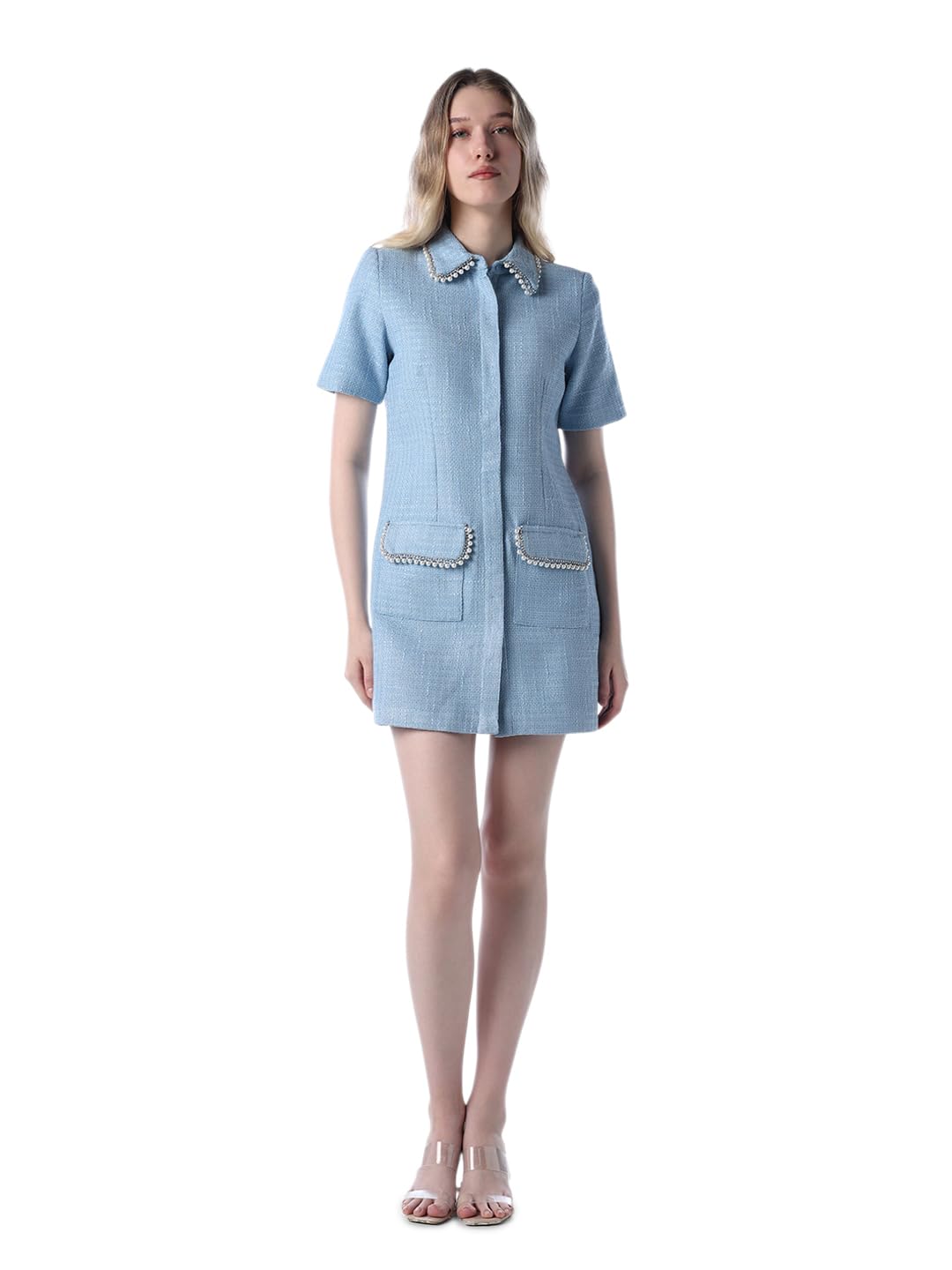 ONLY Women's Embellished Fit and Flare Light Blue Dress in blue