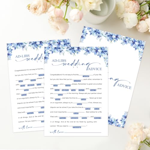 Image of Ad-Libs Wedding Advice Bridal Shower Games, 25 Blue Floral Bridal Shower Game Cards Set, Engagement Party Game for Guests, Wedding Games for Reception, Minimalist Marriage Party Supplies-06