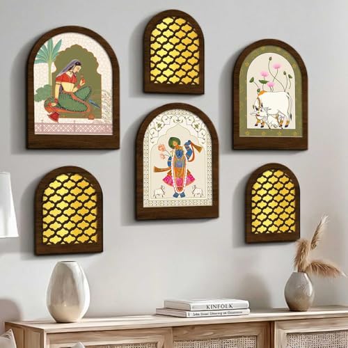Image of Jharokha MDF Mirrors Home Decoration Items | Traditional Wall Decor Items for Living Room | Mirror Wall Hanging | Home Decor Items for Bedroom Office Set of 6 (9x12 inch & 7.5x9.5 inch)