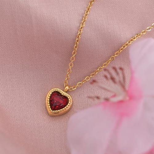 Image of PALMONAS Red Emerald Heart Pendant Necklace for Women - Gold Plated Necklace Chain, Waterproof & Anti Tarnish Jewellery | Gift For Women & Girls