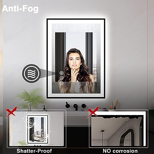 24x36 LED Bathroom Mirrors for Wall -Black Aluminum Framed (Front and Backlit), Anti-Fog Vanity Mirror with Lights,Stepless Dimmable Lighted, 3 Colors Smart Mirror(Horizontal/Vertical)