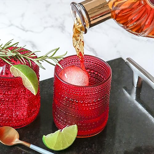 Image of Kate Aspen Retro Arch Floral Red Drinking Glasses Set of 6, 10 oz Vintage Ribbed Glass Cups, Christmas Glassware & Holiday Drinkware, Valentine's Day & Holiday Hostess Gift