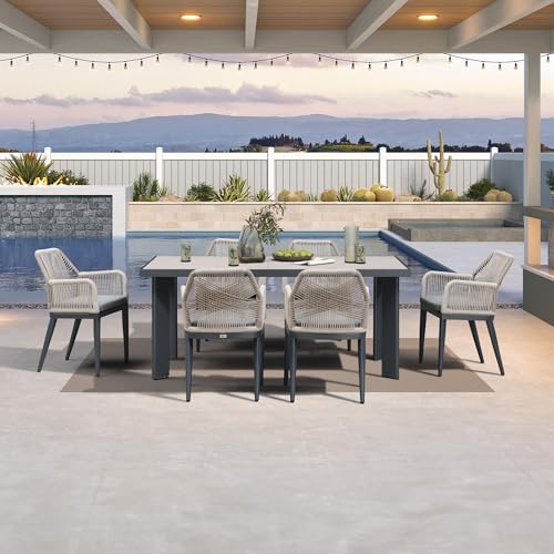 Image of PURPLE LEAF 7 Pieces Patio Dining Set with Armrests, Beige and Dark Grey | Sunbrella Color Lasts, Premium HPL Tabletop, Quick-Dry Textilene Rope Backrest, Stable Aluminum Frame, Removable Cushion