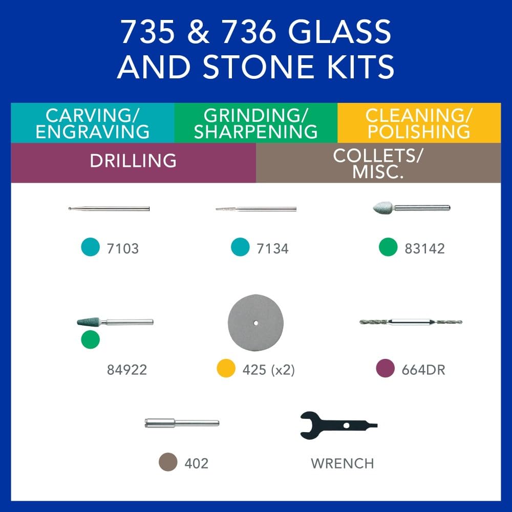 Dremel 735-01 Kit d'accessoires pour outils rotatifs de gravure sur verre – 8 pièces – Comprend des pierres de meulage, un disque de polissage et un foret diamant