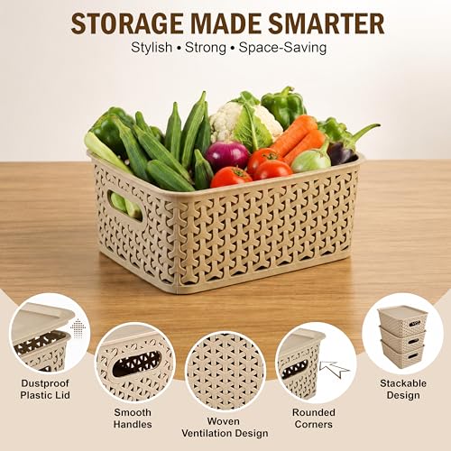 Image of JD Fresh Pack of 3 Premium Plastic Storage Basket with Lid /Smooth Handle Design&Stackable Storage Organizer /Durable Kitchen Storage Basket for Clothes, Vegetables, Fruits, Toys and Stationery(Biscuit)