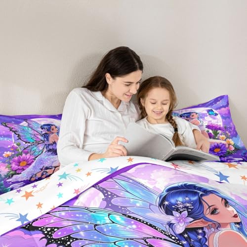 Image of Erosebridal Fairy Girl Bedding Sets Full - Flower Fairytale Comforter Set for Kids Adults Blue Butterfly Floral Decor Duvet Insert Purple Galaxy Moon Quilt