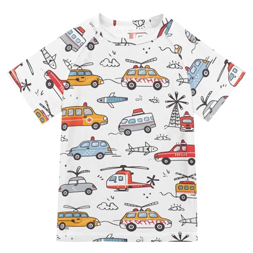 ALAZA Kids Rash Guard Toddler Swim Shirt Boy Girls Car Vehicle UPF 50+ Short Sleeve 4T
