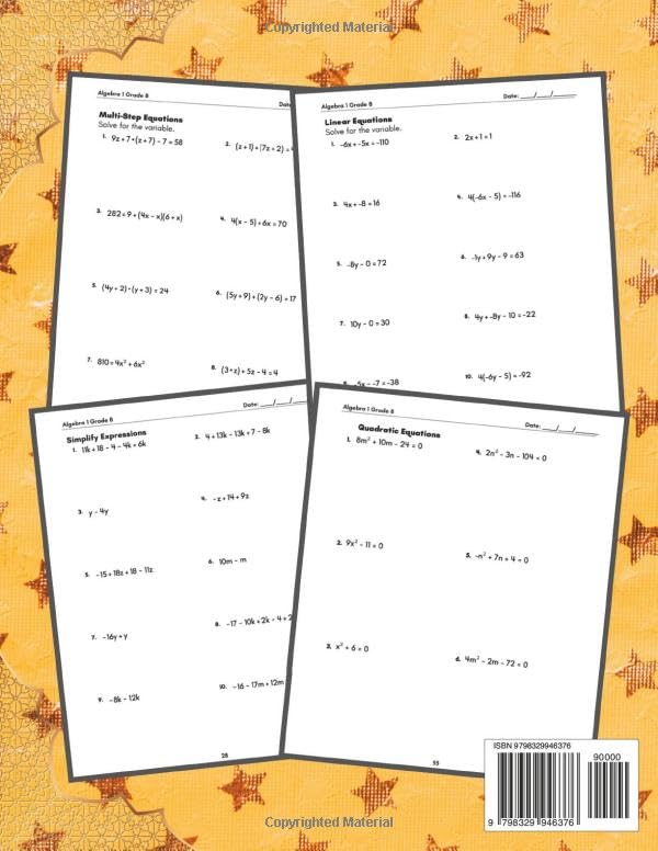 Algebra 1 Workbook 8th Grade: with Order of Operations, Multi-Step Equations, Expressions, Verbal Algebra, Linear Equations, Quadratic Equations ... with Answers (Math Practice Workbooks) - Image 2