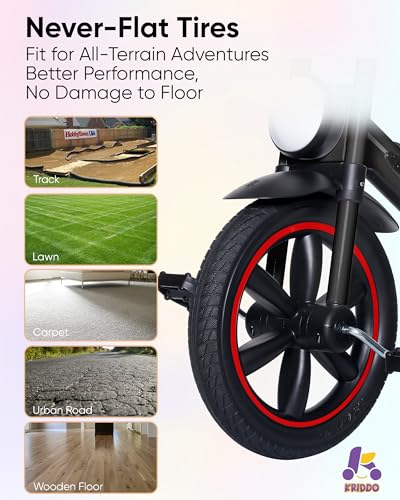 Image of KRIDDO Kids Tricycle, 12 Inch Puncture Free Wheel w Front Light, Adjustable Seat Height, Gift for 2-5 Year Olds, BlackLED