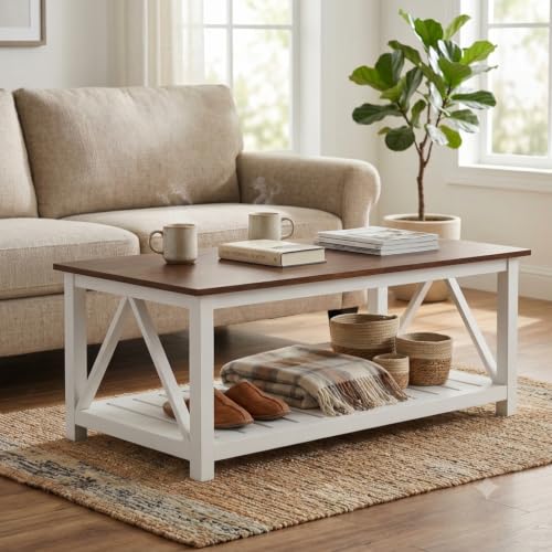 Image of Solid Sheesham Wood Farmhouse Coffee Table with Bottom Storage Shelf for Living Room Centre Table Rustic Wooden Tea Table 100 x 55 x 45 cm | White & Brown Finish