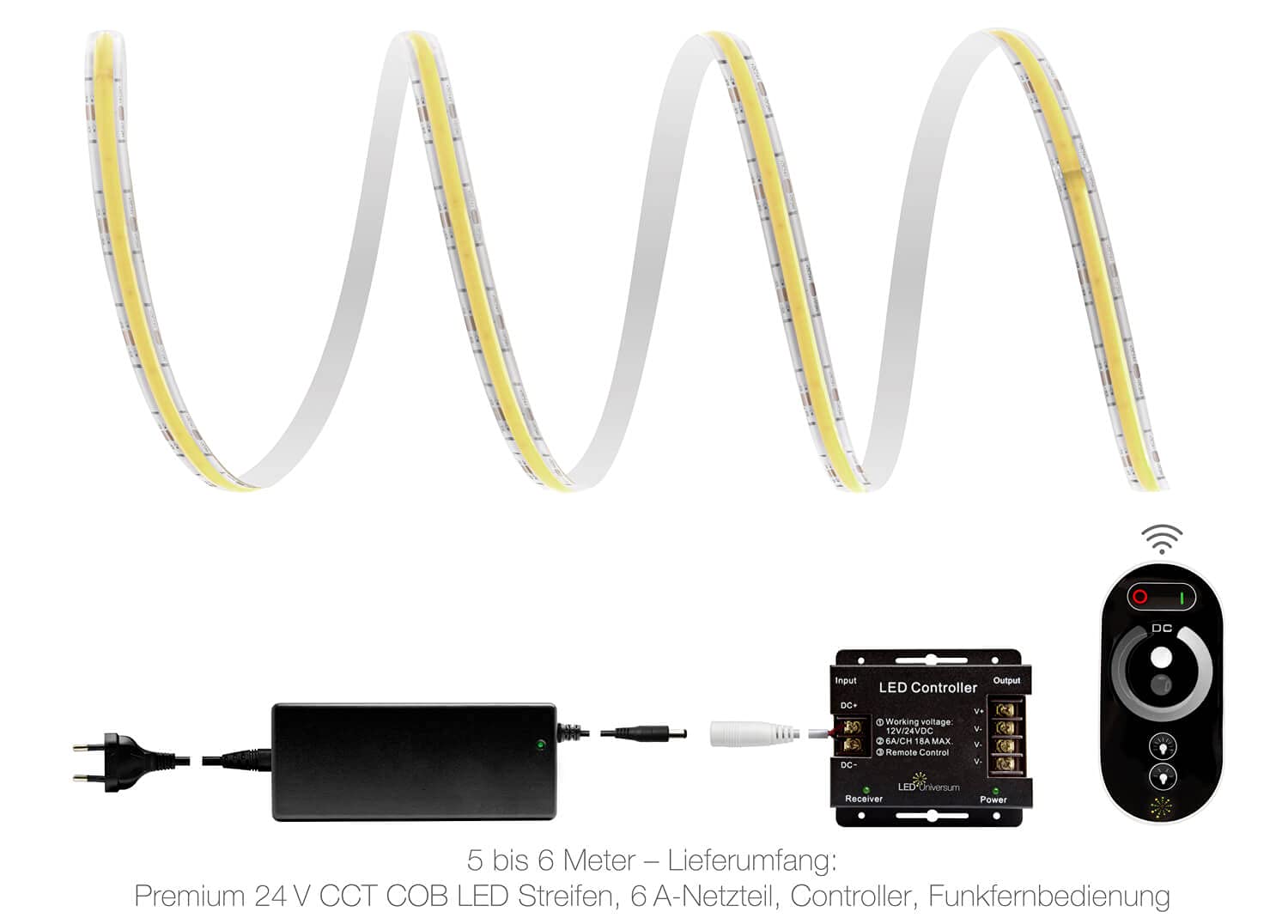 LED Universum Juego de tiras LED COB CCT blanco dual, con mando a distancia, controlador y fuente de alimentación, filamento prémium, 24 V, IP65, blanco dual (3 metros)
