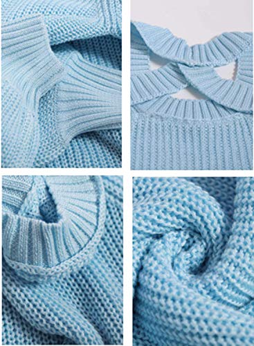 FARYSAYS Women's Autumn Winter Cold Shoulder Sweater Long Sleeve Back Cut Out Casual Loose Knitted Pullover Sweater Tops Blue Small