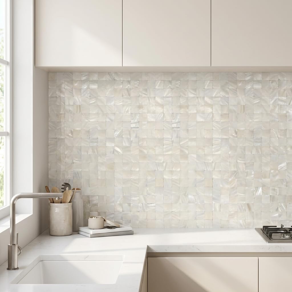 10 - Sheet Pearl Shells Tile Peel and Stick Backsplash, Self Adhesive Wall Tile for Kitchen, Bathroom, Bedroom (11.8"X11.8", White)