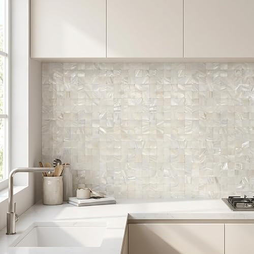 Vista 2 de Peel and Stick Pearl Shells Backsplash Tiles, Stick on Backsplash for Kitchen, Bathroom, Bedroom (11.8"X11.8", 10 Sheets in White Nature) White