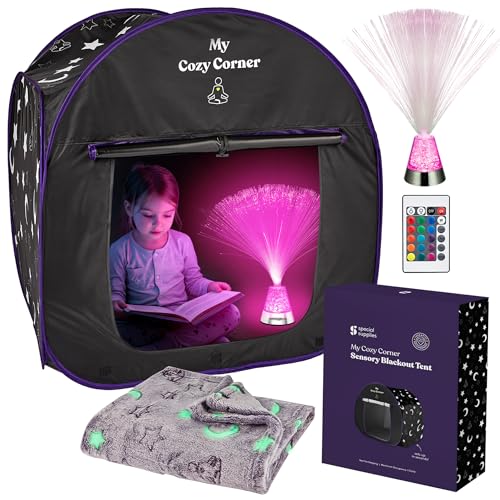 Special Supplies Blackout Sensory Tent for Kids, Pop Up Calming Play Room with Fiber Optic Lamp and Glow-in-The-Dark Fuzzy Blanket