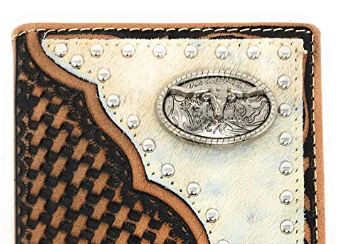 Texas West Western Men's Basketweave Genuine Leather Longhorn Long Cowhide Stud Bifold Wallet (brown)4