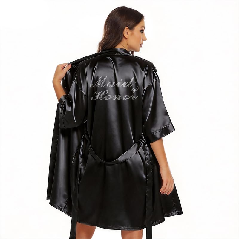 Image of Women's Bride Bridesmaid Robes Short Satin One Size Silver Rhinestones Wedding Party Getting Ready Sleepwear