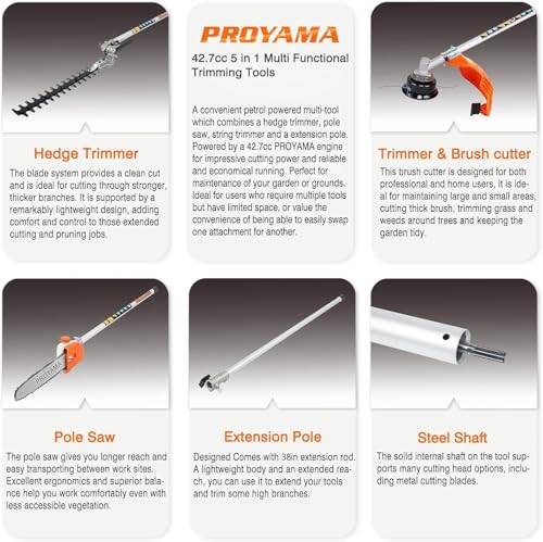Image of PROYAMA 42.7cc 5 in 1 Gas Powered Hedge Trimmer, Weed Eater, Pole Saw