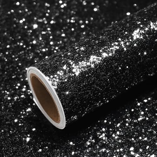 VEELIKE Glamouröse Schwarze Klobige Glitzerfolie Selbstklebend Chunky Glitzer Tapete Luxury Vintage Möbelfolie Glitzer Deko Wohnzimmer Schlafzimmer...