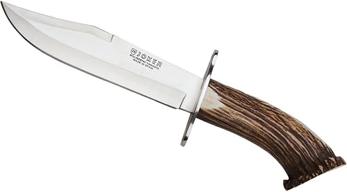 Joker Cuchillo CN100, mango de cuerno de ciervo, hoja de acero MOVA de 7.87 pulgadas, incluye funda de cuero marrón, herramienta para pesca, caza,