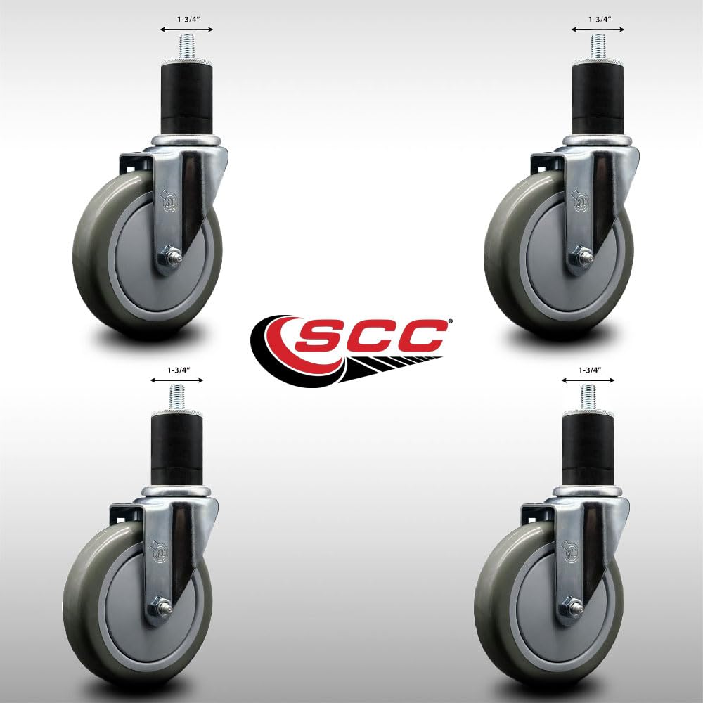 Stainless Steel Polyurethane Swivel Expanding Stem Caster Set of 4 with 5 Inch Gray Wheels and 1-3/4